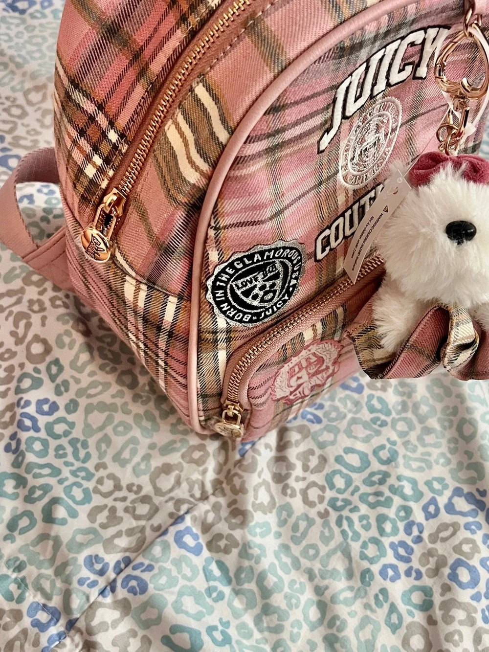 New Pink Plaid Juicy Couture Backpack Purse Bag Dog Charm Patch Work
